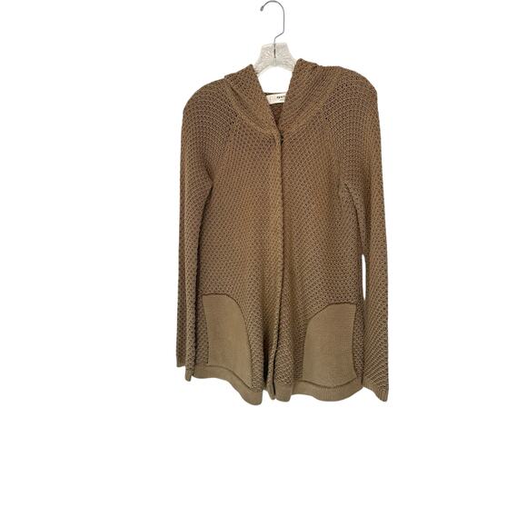 Anthropologie Sparrow Cardigan Long Tan Hooded Knit Crochet Snap Buttons Medium - Picture 1 of 10
